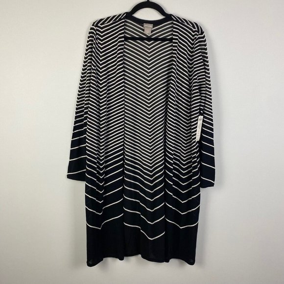 Chicos Womens 2 US Large Open Front Cardigan Chevron Black Ecru Cotton - Picture 1 of 10